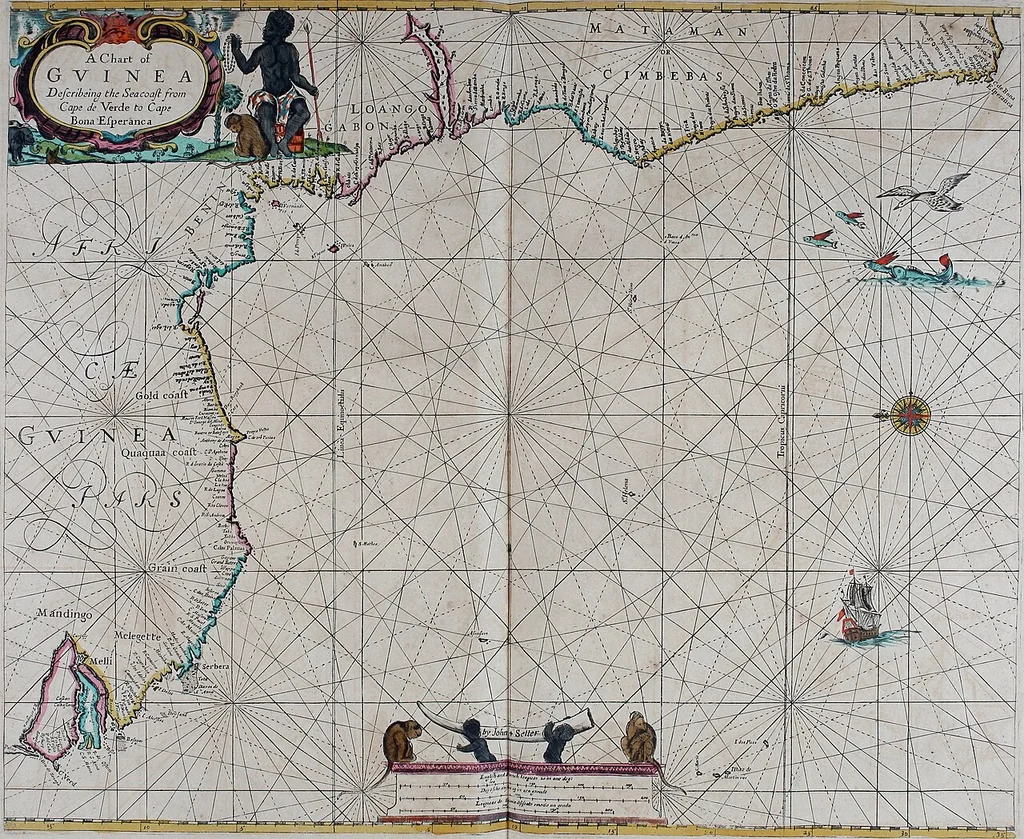 An illustration from Atlas maritimus, or A book of charts : Describeing the sea coasts capes headlands sands shoals rocks and dangers the bayes roads harbors rivers and ports, in most of the knowne parts of the world. With the true courses and distances, from one place to another : Gathered from the latest and best discoveryes, that have bin made by divers able and experienced navigators of our English nation : Accomodated with an hydrographicall description of the whole world, 1672, leaf 68