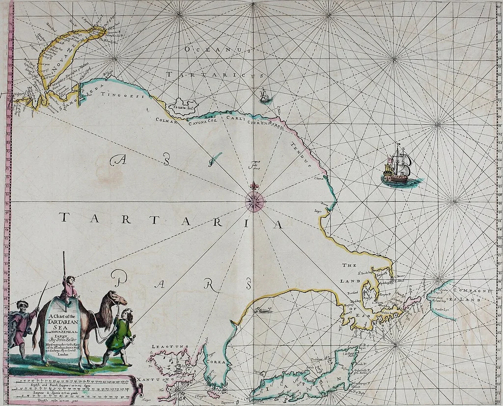 An illustration from Atlas maritimus, or A book of charts : Describeing the sea coasts capes headlands sands shoals rocks and dangers the bayes roads harbors rivers and ports, in most of the knowne parts of the world. With the true courses and distances, from one place to another : Gathered from the latest and best discoveryes, that have bin made by divers able and experienced navigators of our English nation : Accomodated with an hydrographicall description of the whole world, 1672, leaf 76
