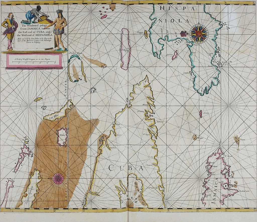 An illustration from Atlas maritimus, or A book of charts : Describeing the sea coasts capes headlands sands shoals rocks and dangers the bayes roads harbors rivers and ports, in most of the knowne parts of the world. With the true courses and distances, from one place to another : Gathered from the latest and best discoveryes, that have bin made by divers able and experienced navigators of our English nation : Accomodated with an hydrographicall description of the whole world, 1672, leaf 88