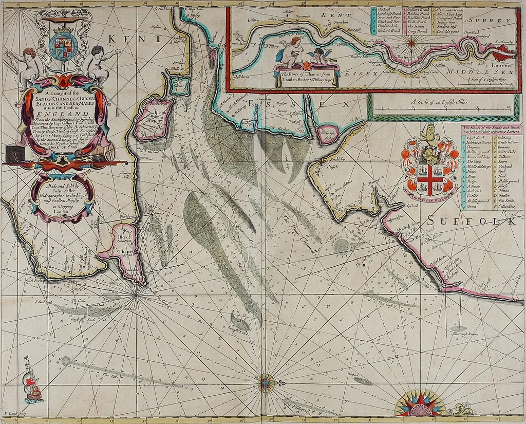 An illustration from Atlas maritimus, or A book of charts : Describeing the sea coasts capes headlands sands shoals rocks and dangers the bayes roads harbors rivers and ports, in most of the knowne parts of the world. With the true courses and distances, from one place to another : Gathered from the latest and best discoveryes, that have bin made by divers able and experienced navigators of our English nation : Accomodated with an hydrographicall description of the whole world, 1672, leaf 32