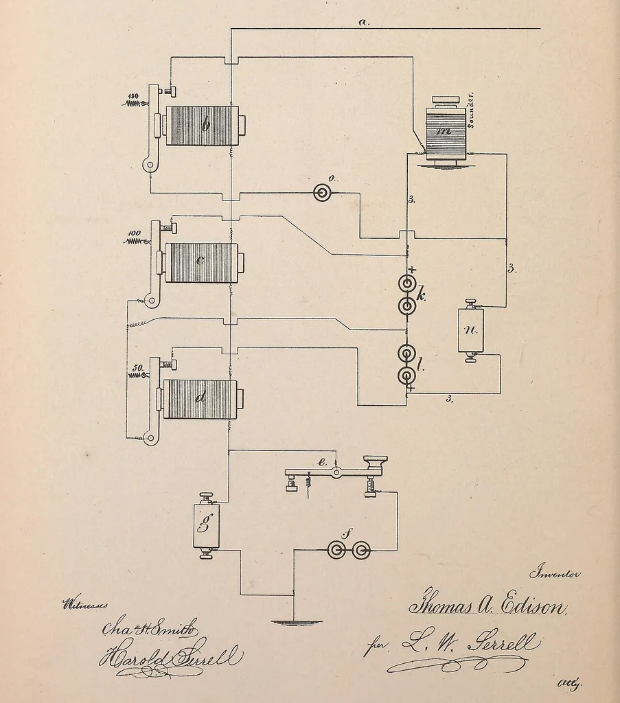 An illustration from Collection of United States patents granted to Thomas A. Edison, 1869-1884, 1869, leaf 397