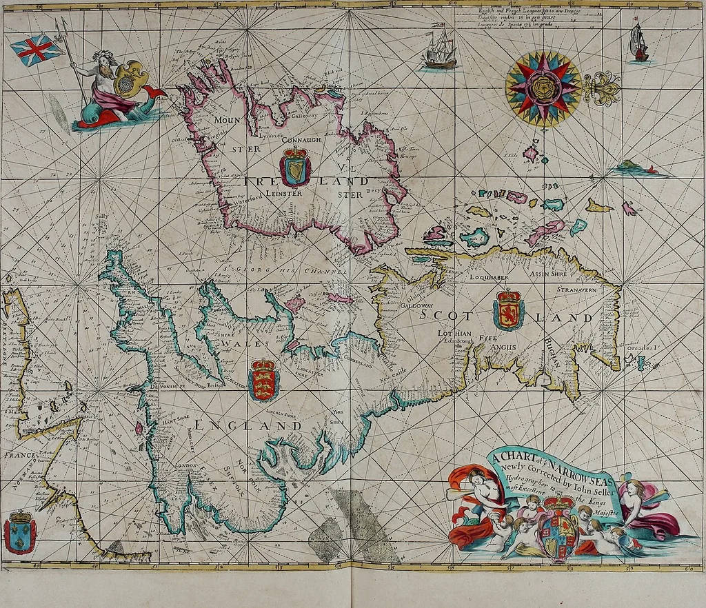 An illustration from Atlas maritimus, or A book of charts : Describeing the sea coasts capes headlands sands shoals rocks and dangers the bayes roads harbors rivers and ports, in most of the knowne parts of the world. With the true courses and distances, from one place to another : Gathered from the latest and best discoveryes, that have bin made by divers able and experienced navigators of our English nation : Accomodated with an hydrographicall description of the whole world, 1672, leaf 54