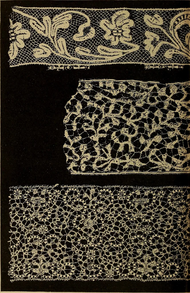 An illustration from Dentelles et guipures : anciennes et modernes, imitations ou copies. Varieté des genres et des points. 52 portraits documentaires, 249 échantillons de dentelles, collerettes, fraises, manchettes, rabats, etc., 1904, leaf 178