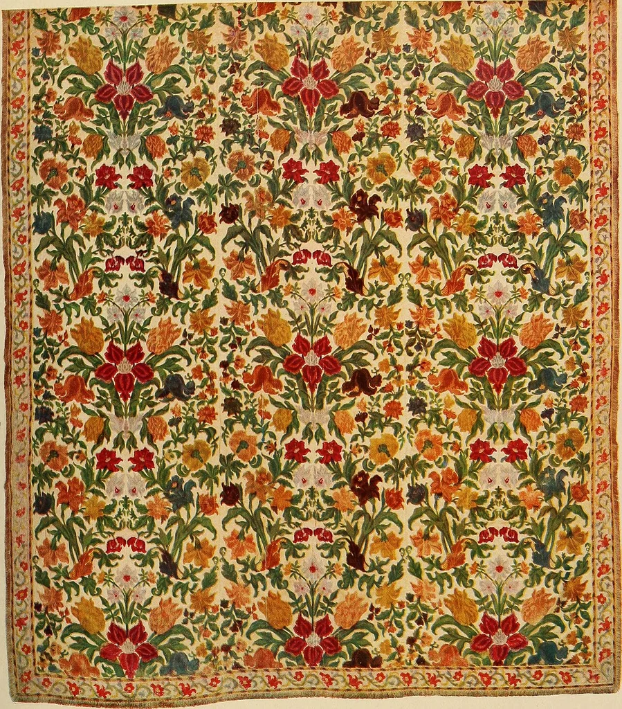 An illustration from Decorative textiles; an illustrated book on coverings for furniture, walls and floors, including damasks, brocades and velvets, tapestries, laces, embroideries, chintzes, cretonnes, drapery and furniture trimmings, wall papers, carpets and rugs, tooled and illuminated leathers, 1918, leaf 46