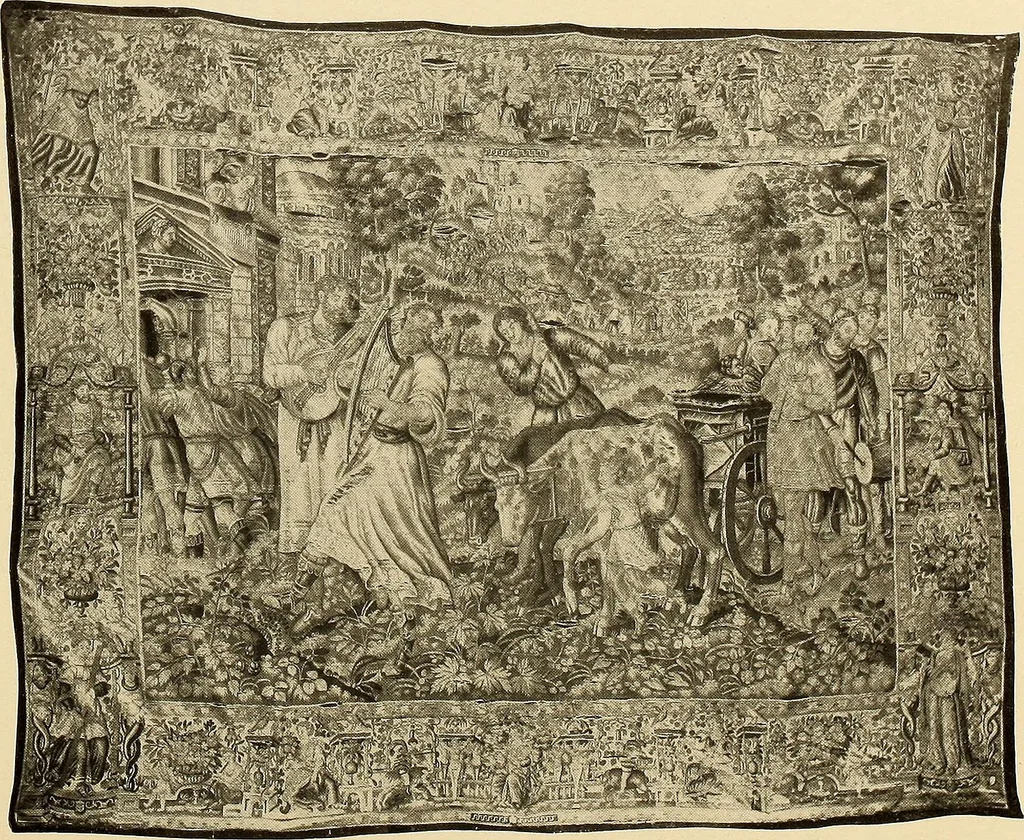 An illustration from Decorative textiles; an illustrated book on coverings for furniture, walls and floors, including damasks, brocades and velvets, tapestries, laces, embroideries, chintzes, cretonnes, drapery and furniture trimmings, wall papers, carpets and rugs, tooled and illuminated leathers, 1918, leaf 309