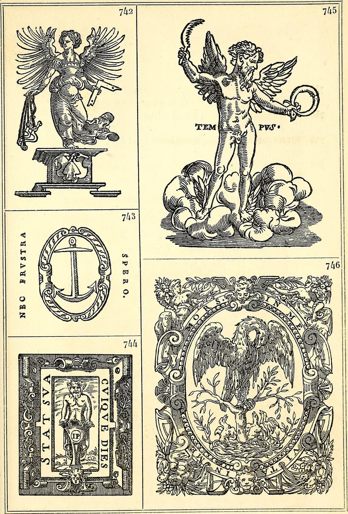 An illustration from Marques typographiques, ou, Recueil des monogrammes, chiffres, enseignes, emblèmes, devises, rébus et fleurons des libraires et imprimeurs qui ont exercé en France depuis l'introduction de l'imprimerie en 1470 jusqu'à la fin du seizième siècle : à ces marques sont jointes celles des libraires et imprimeurs qui pendant la même période ont publié, hors de France, des livres en langue française, 1867, leaf 46
