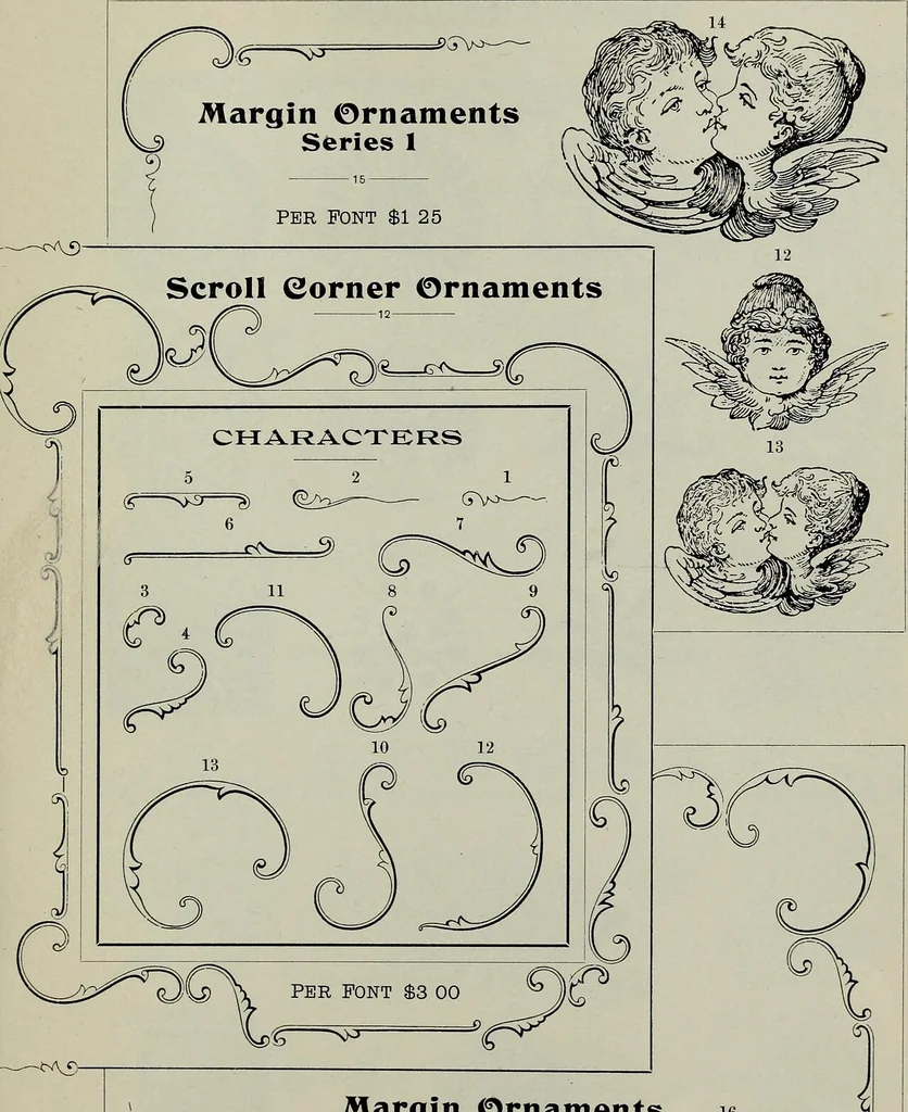 An illustration from Specimens of type, borders, ornaments, brass rules and cuts, etc. : catalogue of printing machinery and materials, wood goods, etc, 1897, leaf 666