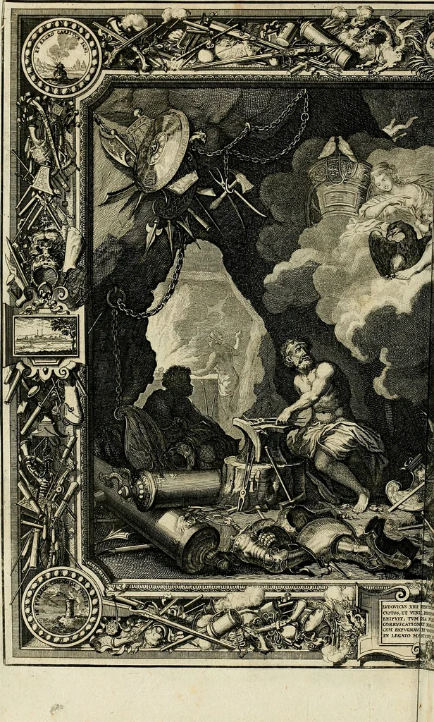 An illustration from Tapisseries du roy, ou sont representez les quatre elemens et les quatre saisons : avec les devises qvi les accompagnent & leur explication = Königliche französische Tapezereyen, oder überauss schöne Sinn-Bilder, in welchen die vier Element, samt den vier Jahr-Zeiten, neben den Dencksprüchen und ihren Ausslegungen, vorgestellet werden, 1690, leaf 23