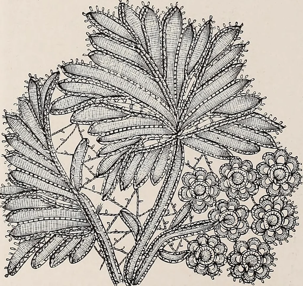 An illustration from A history of hand-made lace : dealing with the origin of lace, the growth of the great lace centres, the mode of manufacture, the methods of distinguishing and the care of various kinds of lace, 1900, leaf 169