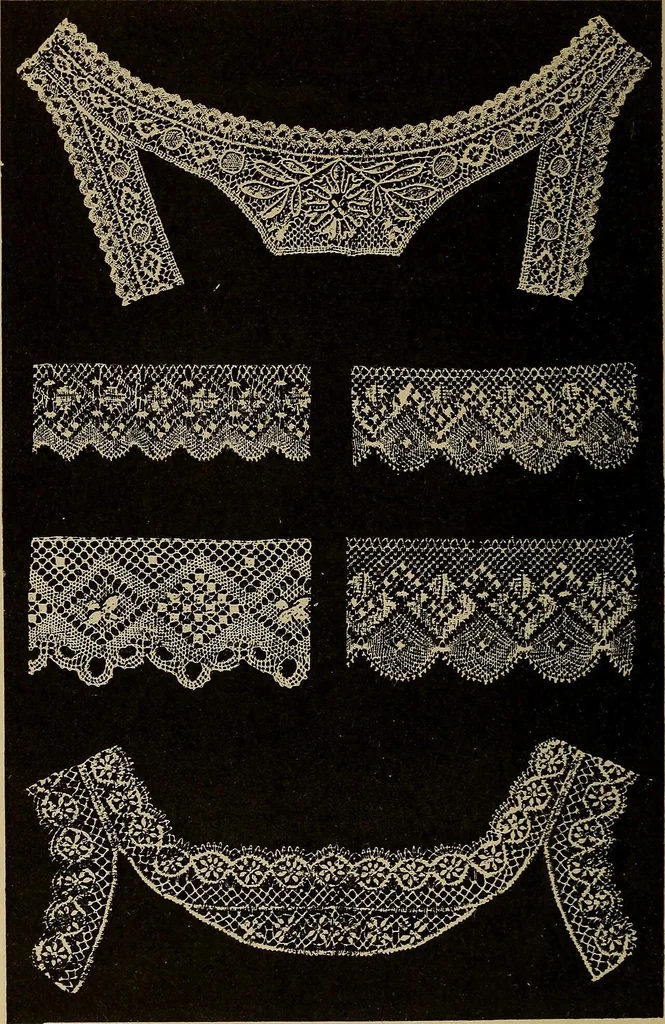 An illustration from Dentelles et guipures : anciennes et modernes, imitations ou copies. Varieté des genres et des points. 52 portraits documentaires, 249 échantillons de dentelles, collerettes, fraises, manchettes, rabats, etc., 1904, leaf 288