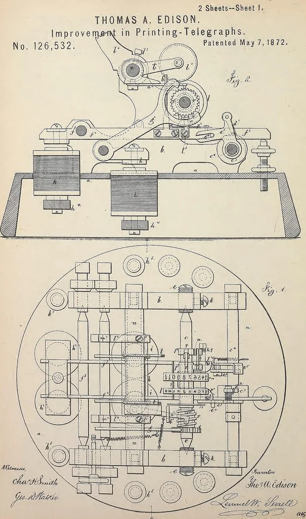 An illustration from Collection of United States patents granted to Thomas A. Edison, 1869-1884, 1869, leaf 165