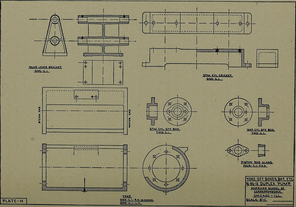 An illustration from Machine drawing; a practical guide to the standard methods of graphical representation of machines, including complete detail drawings of a duplex pump and of a direct-current generator, 1914, leaf 209