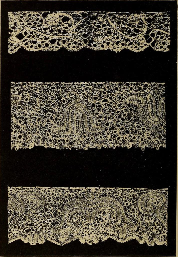 An illustration from Dentelles et guipures : anciennes et modernes, imitations ou copies. Varieté des genres et des points. 52 portraits documentaires, 249 échantillons de dentelles, collerettes, fraises, manchettes, rabats, etc., 1904, leaf 220
