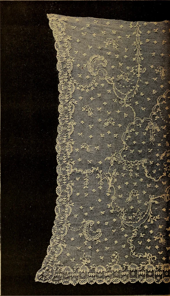 An illustration from Dentelles et guipures : anciennes et modernes, imitations ou copies. Varieté des genres et des points. 52 portraits documentaires, 249 échantillons de dentelles, collerettes, fraises, manchettes, rabats, etc., 1904, leaf 270
