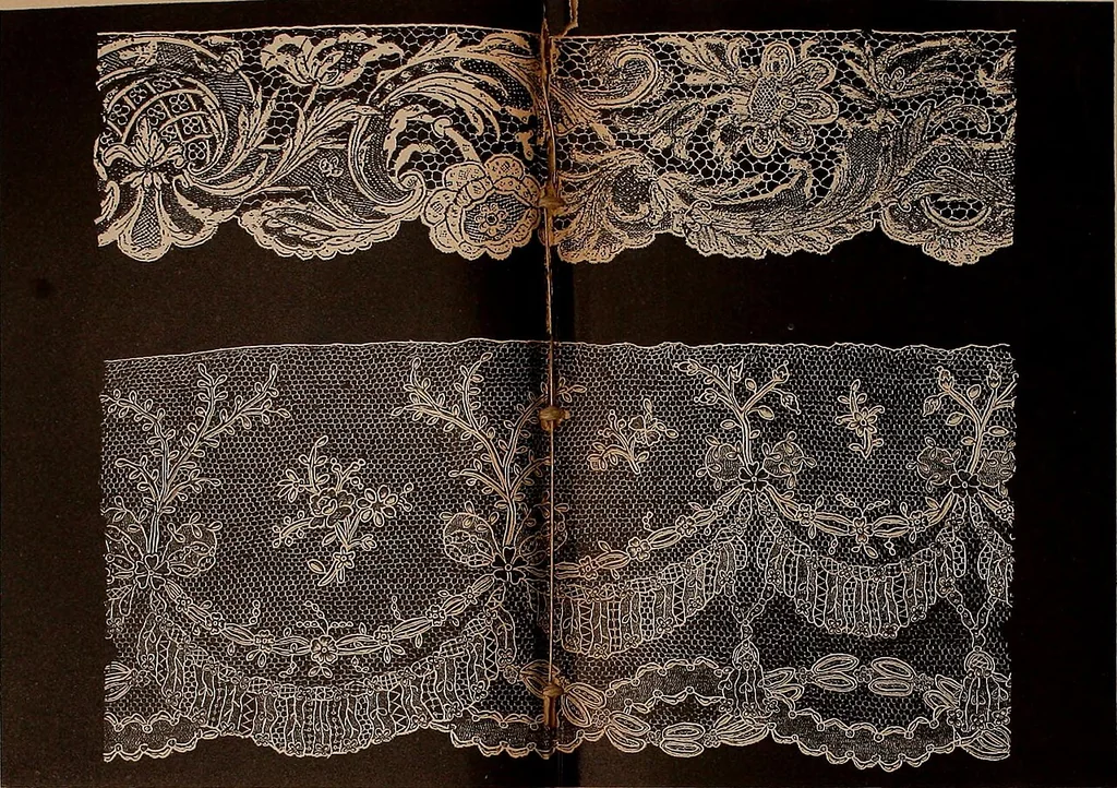 An illustration from Dentelles et guipures : anciennes et modernes, imitations ou copies. Varieté des genres et des points. 52 portraits documentaires, 249 échantillons de dentelles, collerettes, fraises, manchettes, rabats, etc., 1904, leaf 159