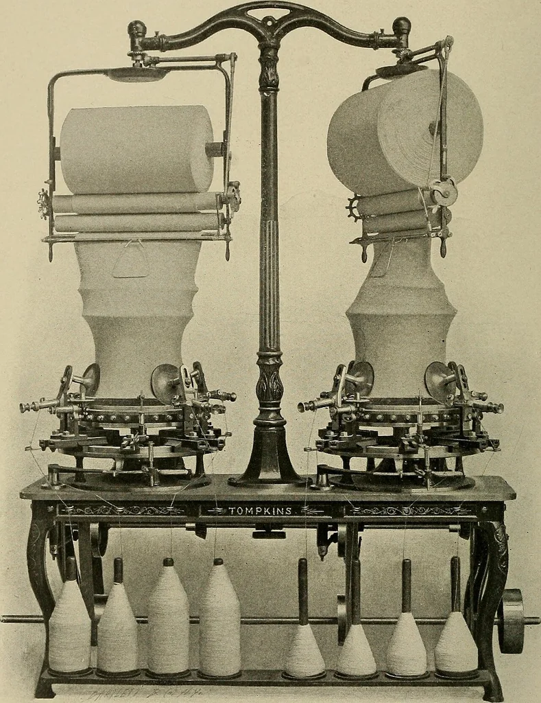 An illustration from Cyclopedia of textile work : a general reference library on cotton, woolen and worsted yarn manufacture, weaving, designing, chemistry and dyeing, finishing, knitting, and allied subjects, 1911, leaf 19