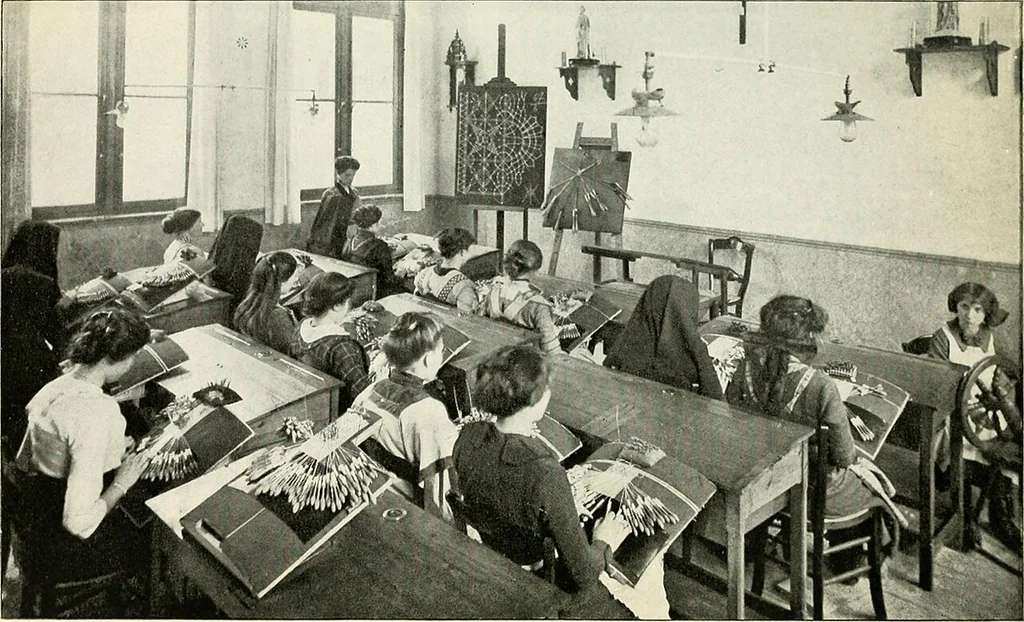 An illustration from Bobbins of Belgium; a book of Belgian lace, lace-workers, lace-schools and lace-villages, 1920, leaf 180