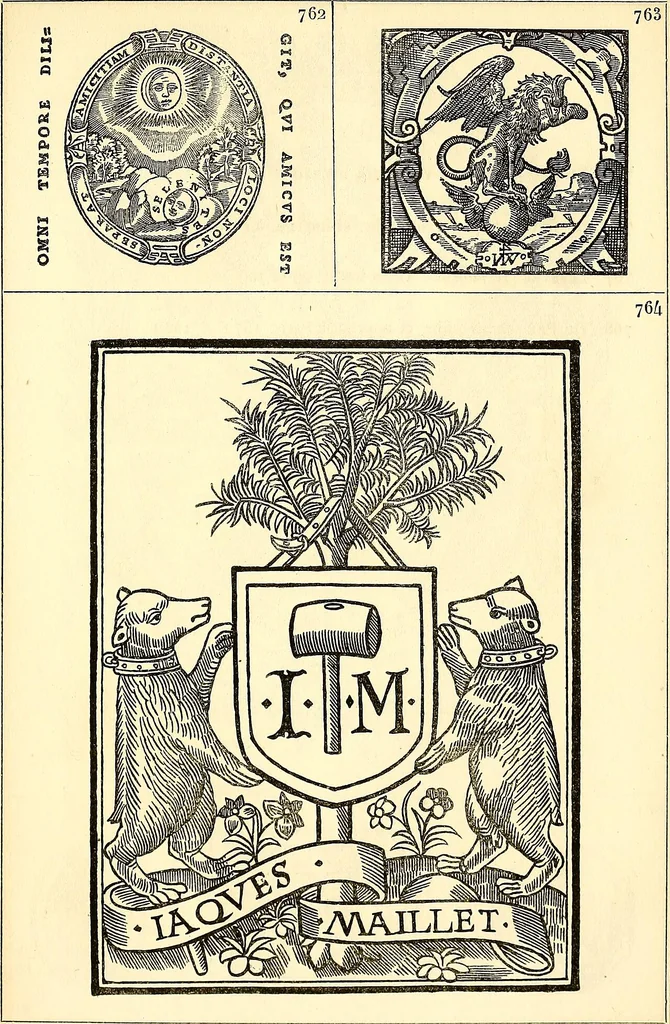 An illustration from Marques typographiques, ou, Recueil des monogrammes, chiffres, enseignes, emblèmes, devises, rébus et fleurons des libraires et imprimeurs qui ont exercé en France depuis l'introduction de l'imprimerie en 1470 jusqu'à la fin du seizième siècle : à ces marques sont jointes celles des libraires et imprimeurs qui pendant la même période ont publié, hors de France, des livres en langue française, 1867, leaf 60