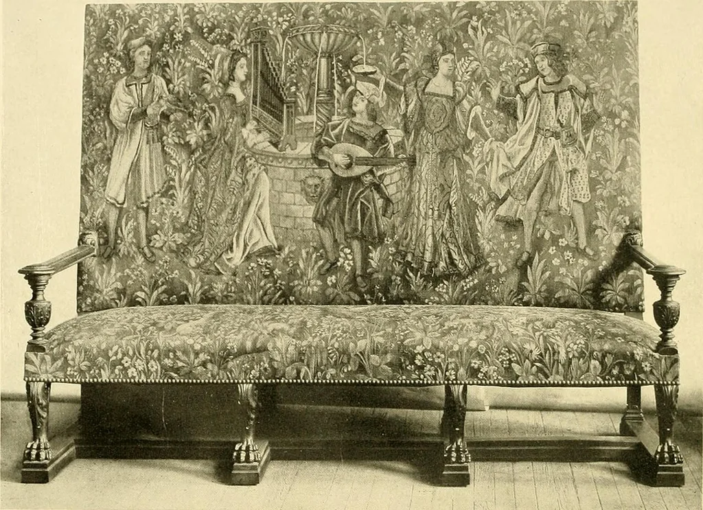 An illustration from Decorative textiles; an illustrated book on coverings for furniture, walls and floors, including damasks, brocades and velvets, tapestries, laces, embroideries, chintzes, cretones, drapery and furniture trimmings, wall papers, carpets and rugs, tooled and illuminated leathers, 1918, leaf 349