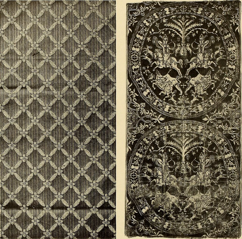An illustration from Decorative textiles; an illustrated book on coverings for furniture, walls and floors, including damasks, brocades and velvets, tapestries, laces, embroideries, chintzes, cretonnes, drapery and furniture trimmings, wall papers, carpets and rugs, tooled and illuminated leathers, 1918, leaf 105