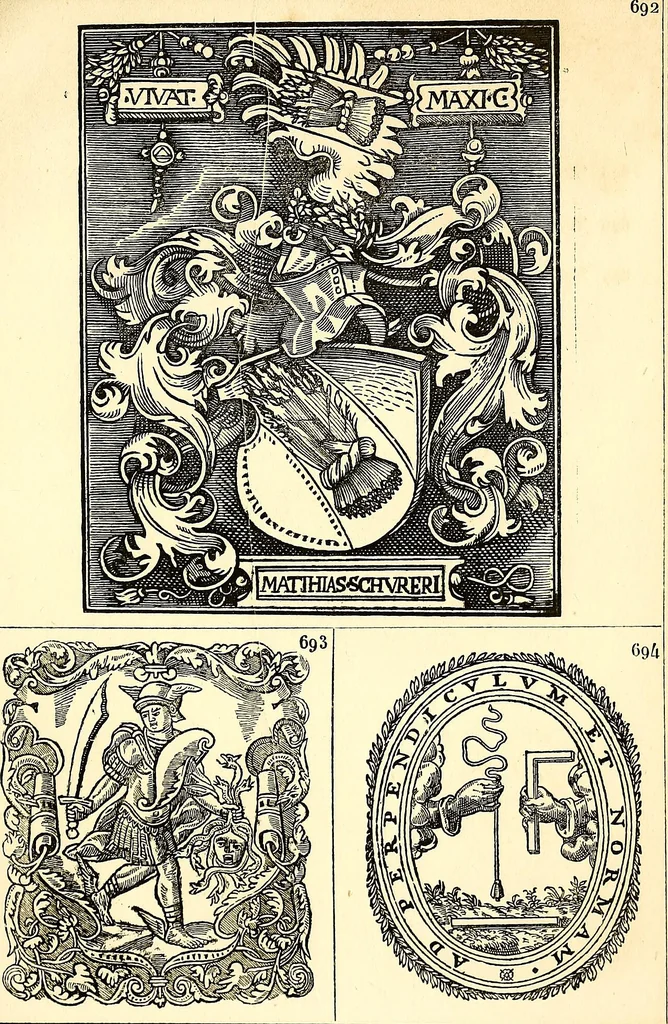 An illustration from Marques typographiques, ou, Recueil des monogrammes, chiffres, enseignes, emblèmes, devises, rébus et fleurons des libraires et imprimeurs qui ont exercé en France depuis l'introduction de l'imprimerie en 1470 jusqu'à la fin du seizième siècle : à ces marques sont jointes celles des libraires et imprimeurs qui pendant la même période ont publié, hors de France, des livres en langue française, 1867, leaf 14