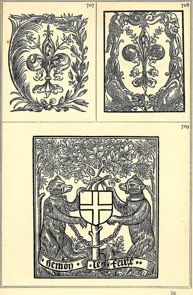 An illustration from Marques typographiques, ou, Recueil des monogrammes, chiffres, enseignes, emblèmes, devises, rébus et fleurons des libraires et imprimeurs qui ont exercé en France depuis l'introduction de l'imprimerie en 1470 jusqu'à la fin du seizième siècle : à ces marques sont jointes celles des libraires et imprimeurs qui pendant la même période ont publié, hors de France, des livres en langue française, 1867, leaf 24