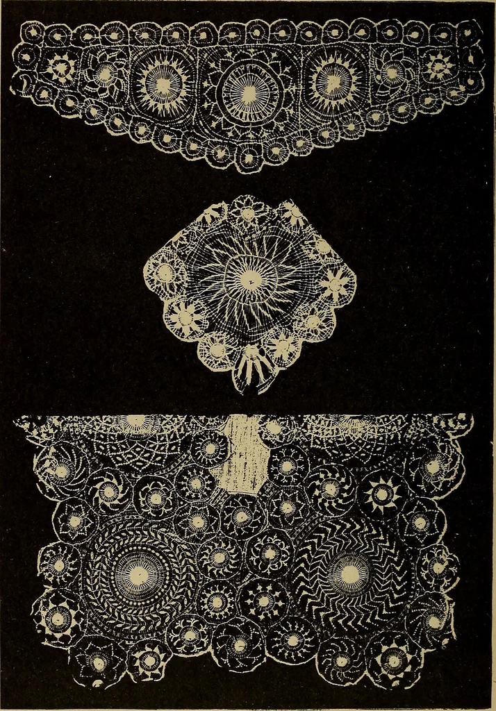 An illustration from Dentelles et guipures : anciennes et modernes, imitations ou copies. Varieté des genres et des points. 52 portraits documentaires, 249 échantillons de dentelles, collerettes, fraises, manchettes, rabats, etc., 1904, leaf 224