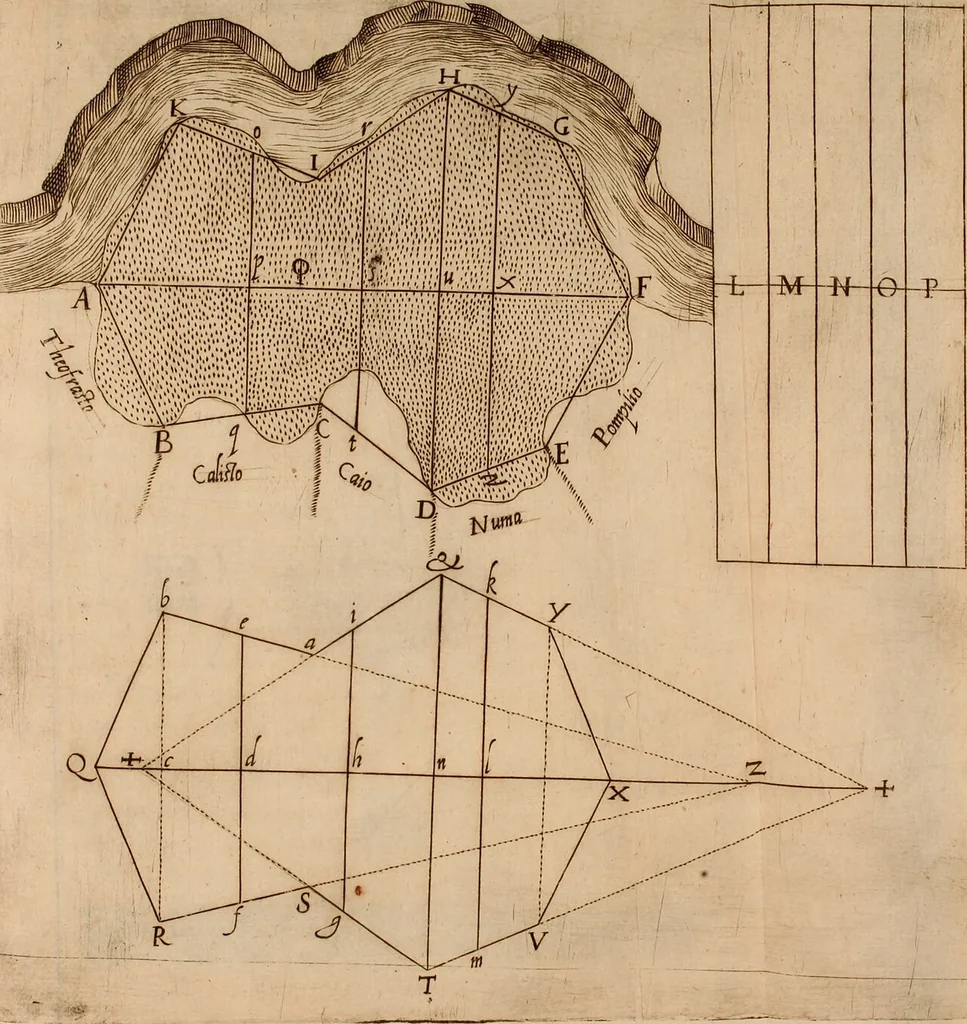 An illustration from Modo del dividere l'allvvioni da qvello di Bartolo, et de gli agrimensori diverso. Mostrato con ragioni mathematiche & con pratica, 1579, leaf 196