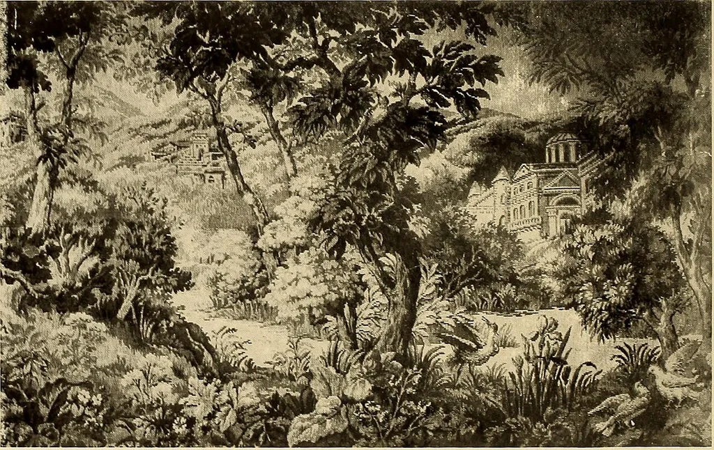 An illustration from Decorative textiles; an illustrated book on coverings for furniture, walls and floors, including damasks, brocades and velvets, tapestries, laces, embroideries, chintzes, cretonnes, drapery and furniture trimmings, wall papers, carpets and rugs, tooled and illuminated leathers, 1918, leaf 269