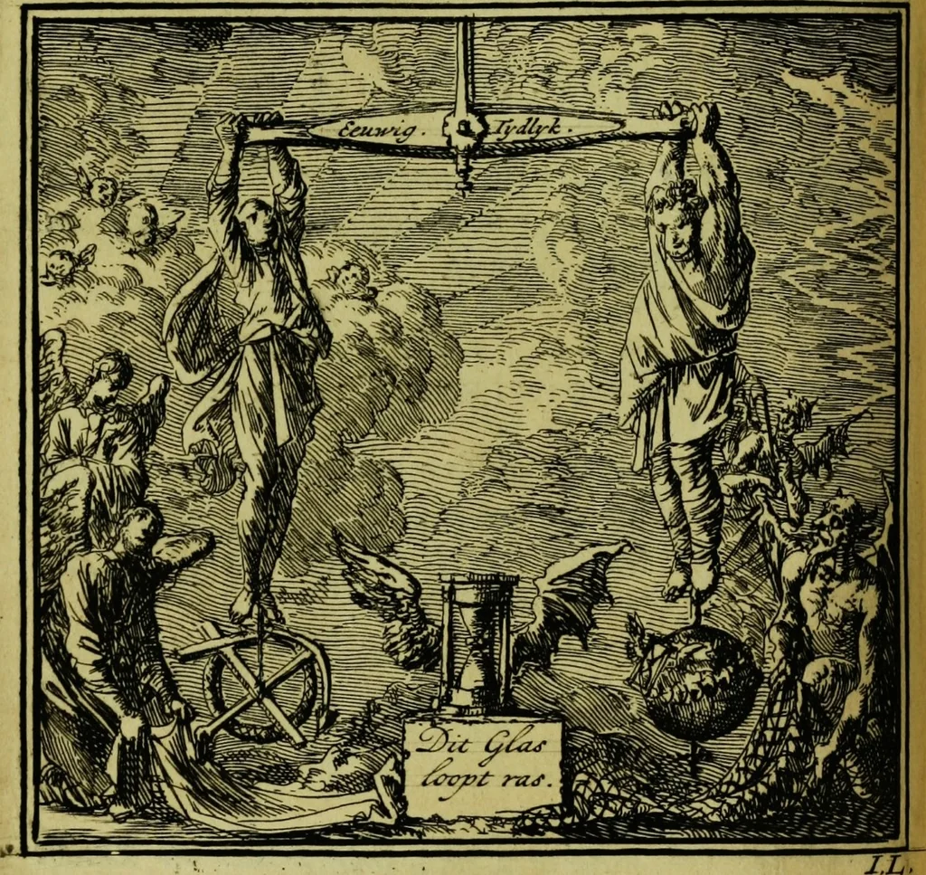 An illustration from De onwaardige wereld: vertoond in vyftig zinnebeelden, met godlyke spreuken en stichtelyke verzen, 1710, leaf 104