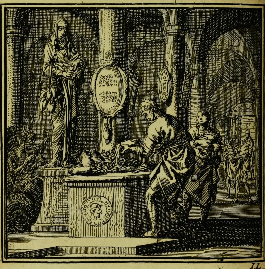An illustration from De onwaardige wereld: vertoond in vyftig zinnebeelden, met godlyke spreuken en stichtelyke verzen, 1710, leaf 108