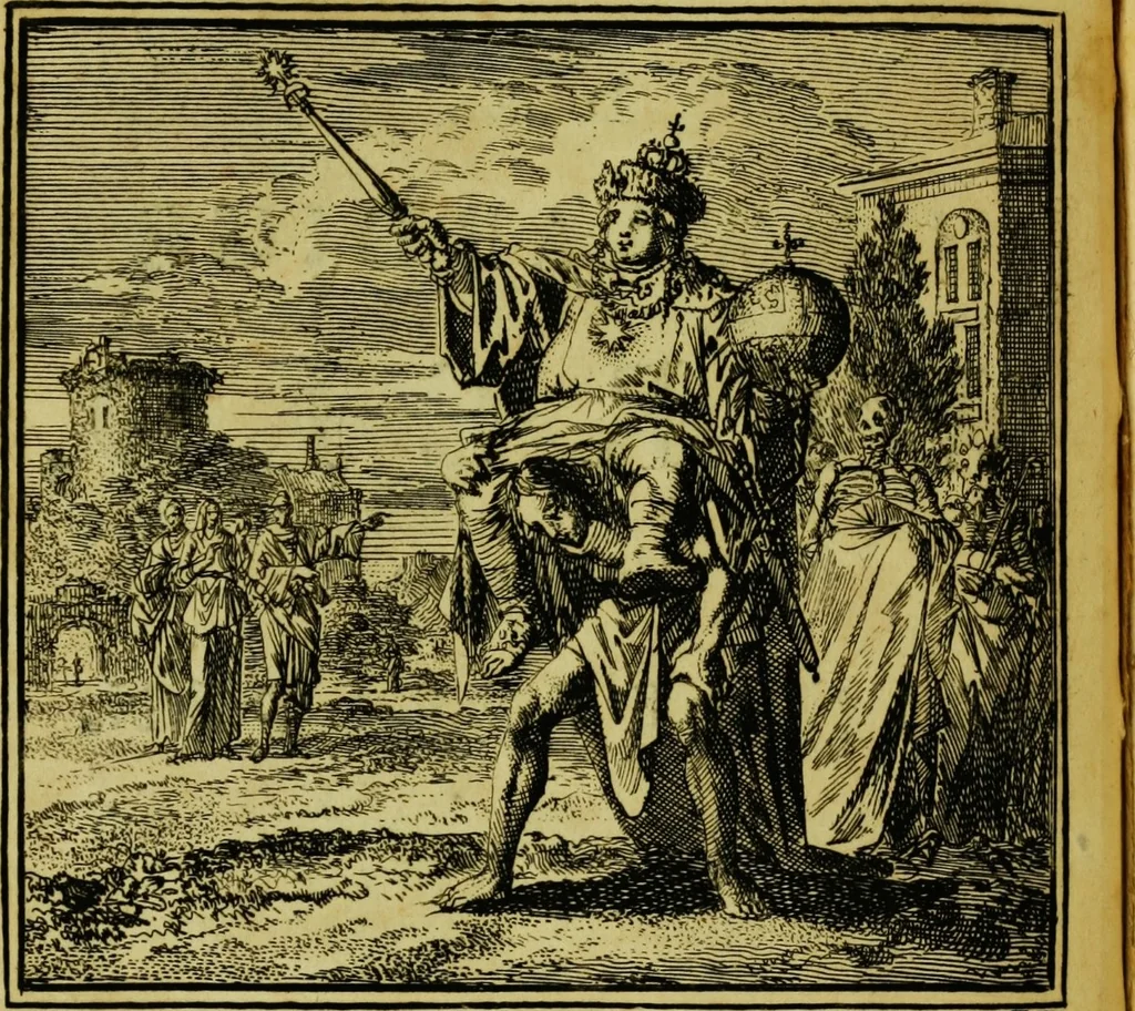 An illustration from De onwaardige wereld: vertoond in vyftig zinnebeelden, met godlyke spreuken en stichtelyke verzen, 1710, leaf 12