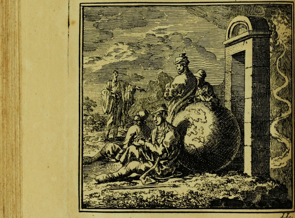 An illustration from De onwaardige wereld: vertoond in vyftig zinnebeelden, met godlyke spreuken en stichtelyke verzen, 1710, leaf 146