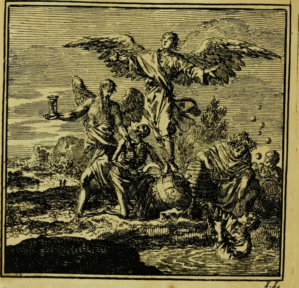 An illustration from De onwaardige wereld: vertoond in vyftig zinnebeelden, met godlyke spreuken en stichtelyke verzen, 1710, leaf 16