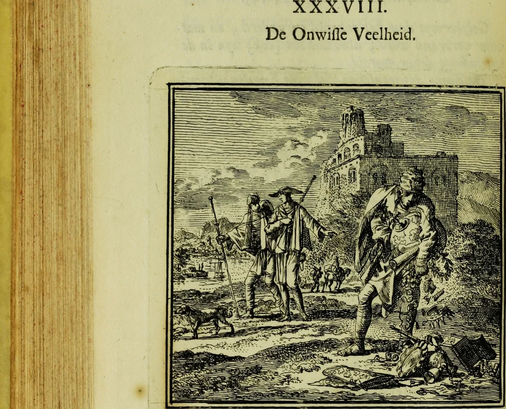 An illustration from De onwaardige wereld: vertoond in vyftig zinnebeelden, met godlyke spreuken en stichtelyke verzen, 1710, leaf 166