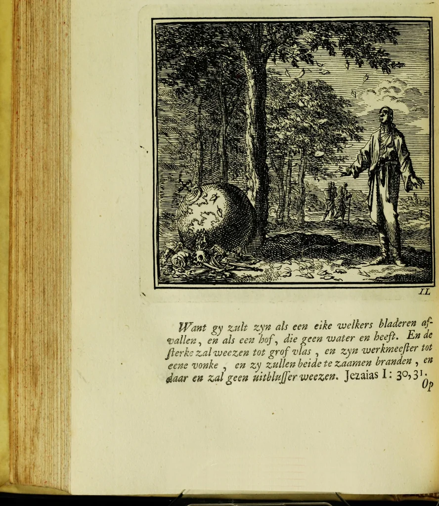 An illustration from De onwaardige wereld: vertoond in vyftig zinnebeelden, met godlyke spreuken en stichtelyke verzen, 1710, leaf 202