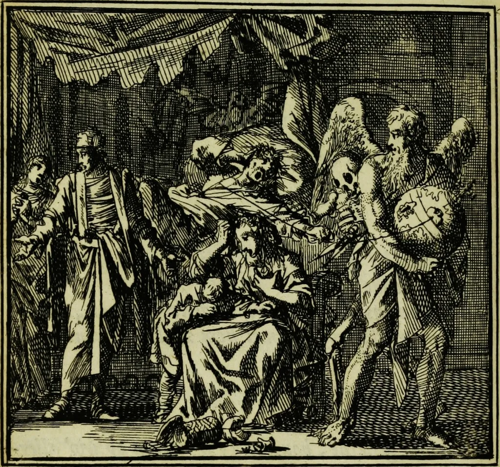 An illustration from De onwaardige wereld: vertoond in vyftig zinnebeelden, met godlyke spreuken en stichtelyke verzen, 1710, leaf 210