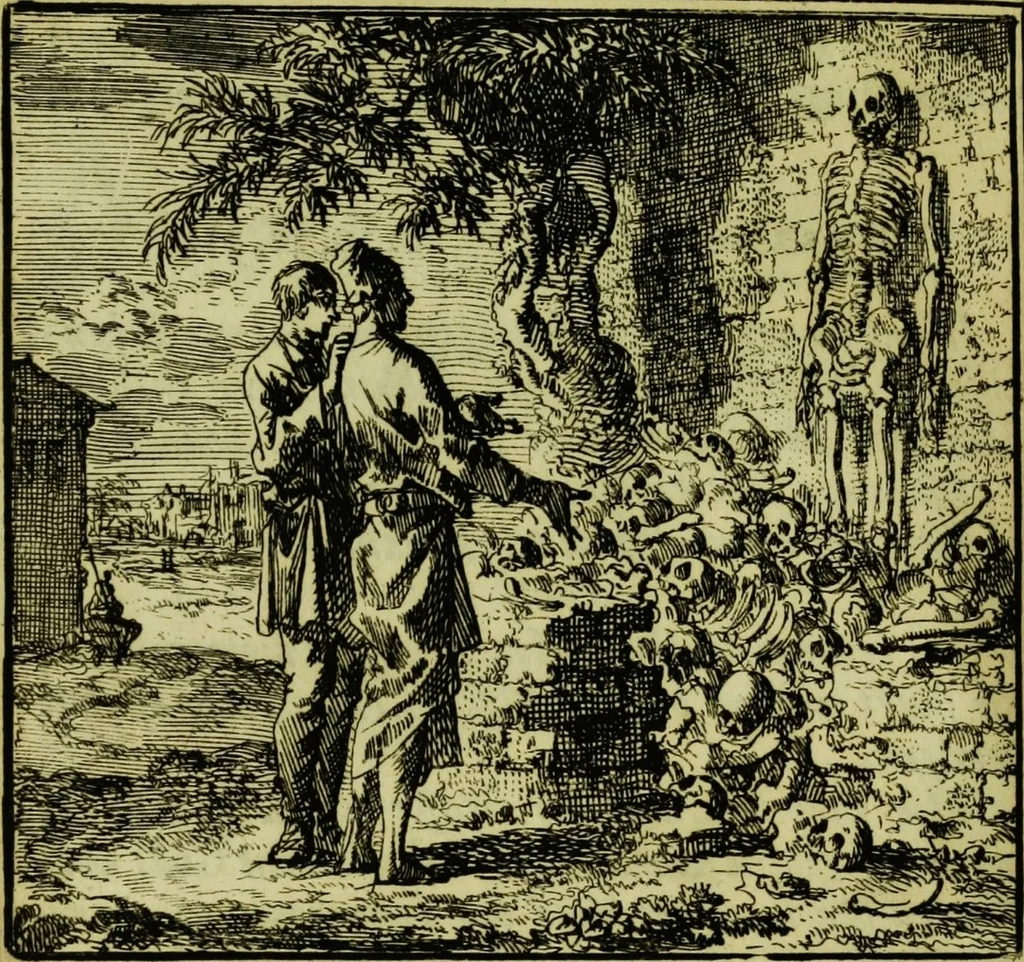 An illustration from De onwaardige wereld: vertoond in vyftig zinnebeelden, met godlyke spreuken en stichtelyke verzen, 1710, leaf 214