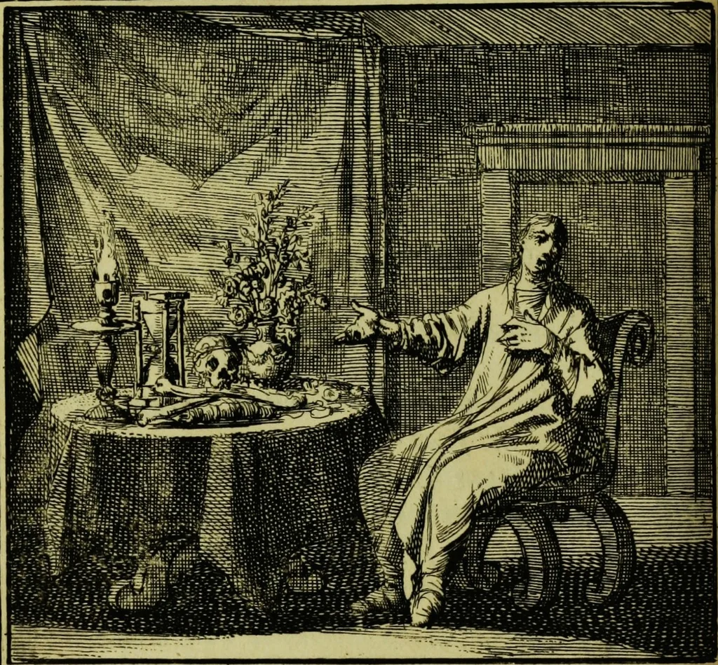 An illustration from De onwaardige wereld: vertoond in vyftig zinnebeelden, met godlyke spreuken en stichtelyke verzen, 1710, leaf 68