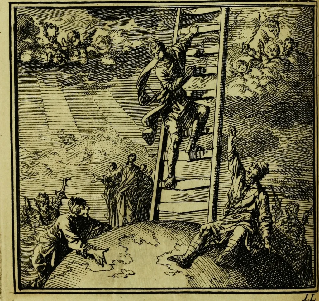 An illustration from De onwaardige wereld: vertoond in vyftig zinnebeelden, met godlyke spreuken en stichtelyke verzen, 1710, leaf 76