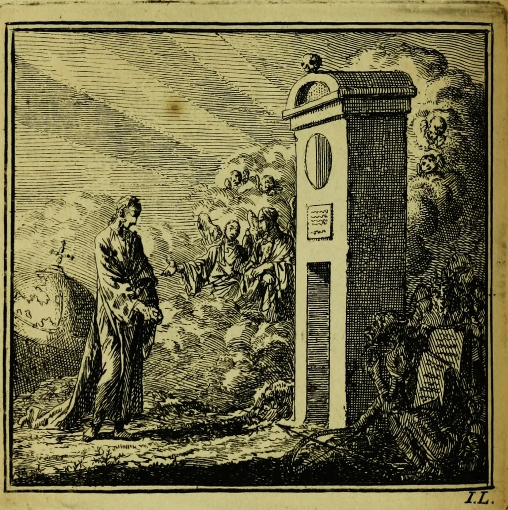 An illustration from De onwaardige wereld: vertoond in vyftig zinnebeelden, met godlyke spreuken en stichtelyke verzen, 1710, leaf 96