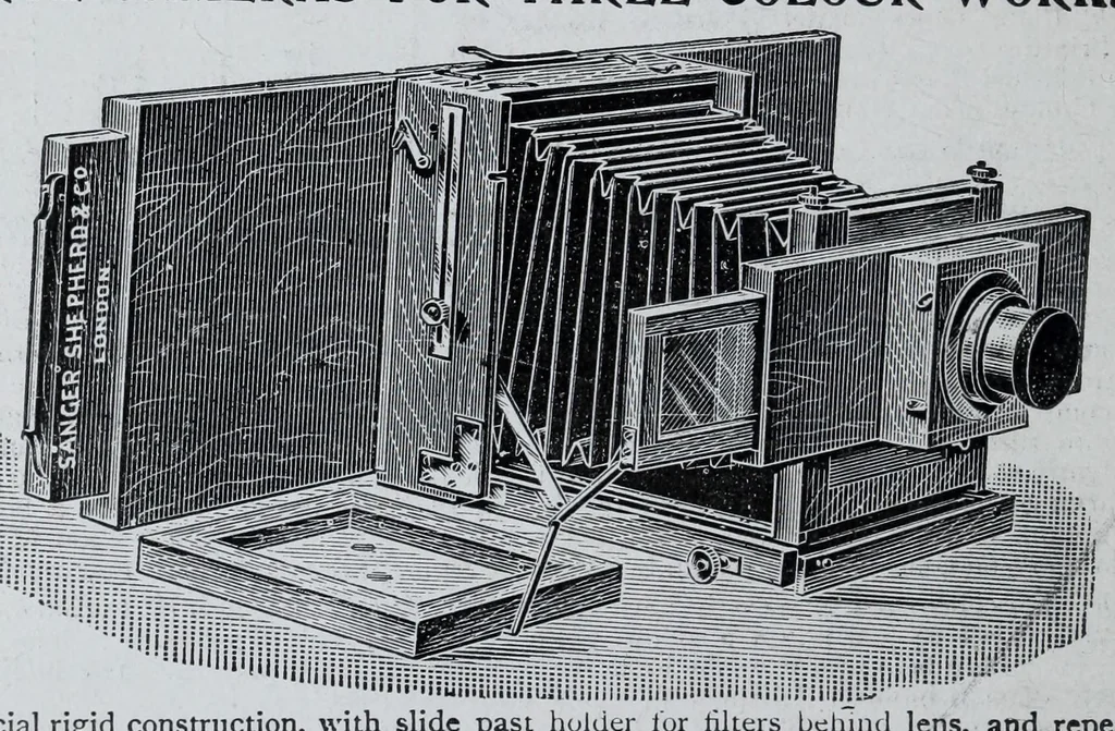 An illustration from 1907 price list, cancelling previous lists, of light filters, cameras, and all materials for orthochromatic and colour photography : scientific instruments for light measurement, photo spectroscopes, photo micrographic appliances, etc., 1907, leaf 14