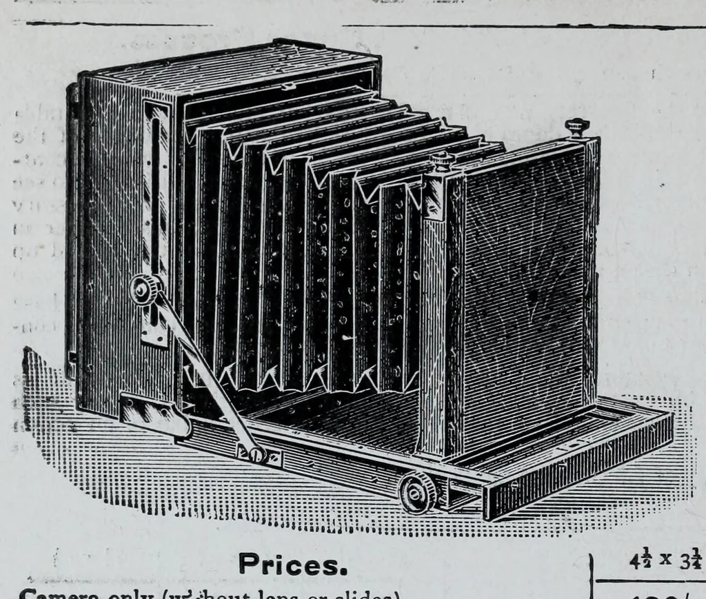 An illustration from 1907 price list, cancelling previous lists, of light filters, cameras, and all materials for orthochromatic and colour photography : scientific instruments for light measurement, photo spectroscopes, photo micrographic appliances, etc., 1907, leaf 14