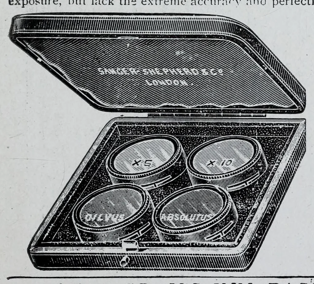 An illustration from 1907 price list, cancelling previous lists, of light filters, cameras, and all materials for orthochromatic and colour photography : scientific instruments for light measurement, photo spectroscopes, photo micrographic appliances, etc., 1907, leaf 15
