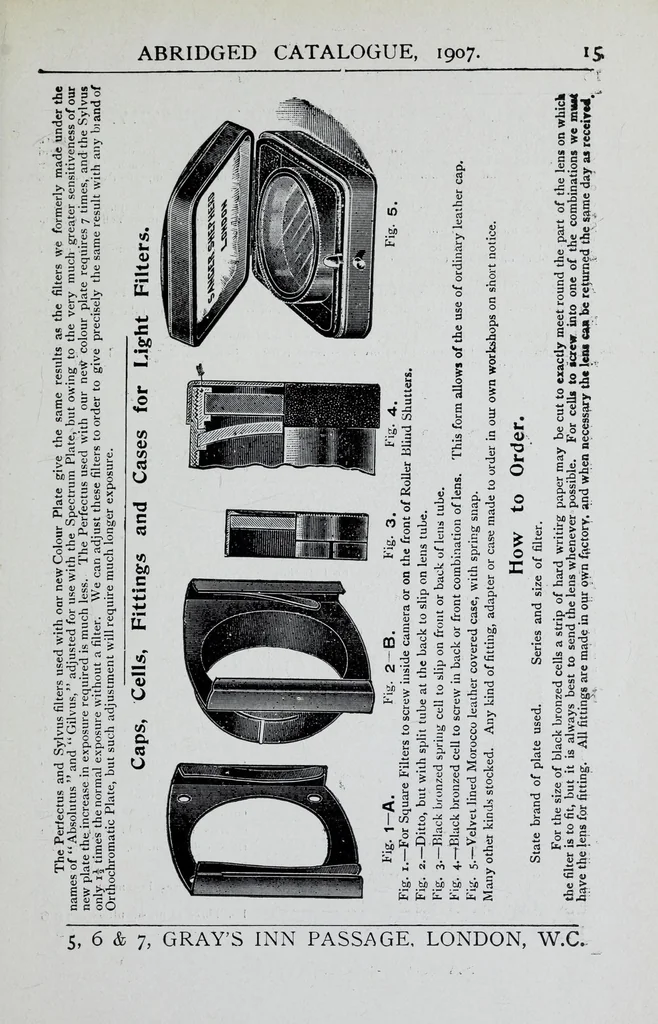 An illustration from 1907 price list, cancelling previous lists, of light filters, cameras, and all materials for orthochromatic and colour photography : scientific instruments for light measurement, photo spectroscopes, photo micrographic appliances, etc., 1907, leaf 17