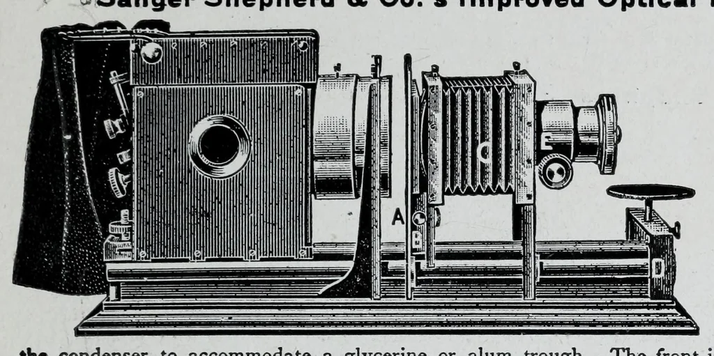 An illustration from 1907 price list, cancelling previous lists, of light filters, cameras, and all materials for orthochromatic and colour photography : scientific instruments for light measurement, photo spectroscopes, photo micrographic appliances, etc., 1907, leaf 21