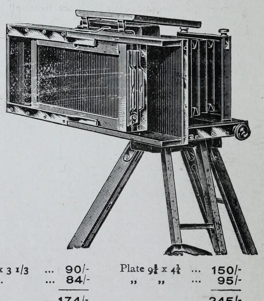 An illustration from 1907 price list, cancelling previous lists, of light filters, cameras, and all materials for orthochromatic and colour photography : scientific instruments for light measurement, photo spectroscopes, photo micrographic appliances, etc., 1907, leaf 6