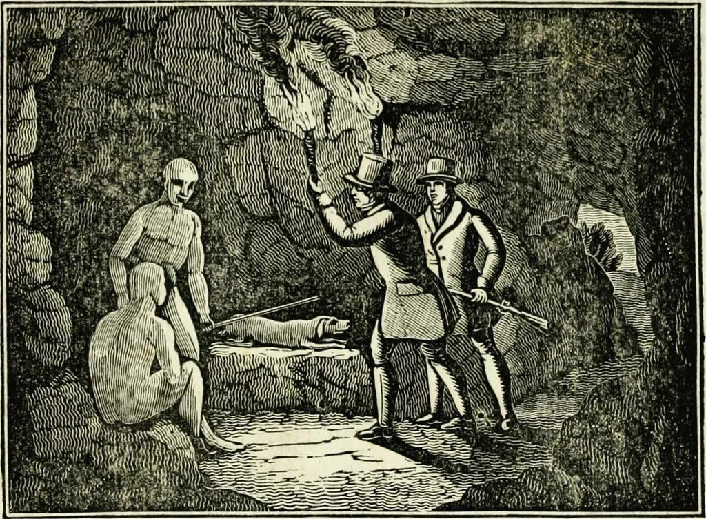 An illustration from The tongue of time, and star of the states: [electronic resource]: a system of human nature, with the phenomena of the heavens and earth. : American antiquities, remains of giants, geology, volcanoes, Egyptian and Indian magic, diet, dress, drinks, diseases, sleep, somnambulism, trances, resuscitation. : Also an account of persons with two souls, and of five persons who told colors by the touch, 1840, leaf 165