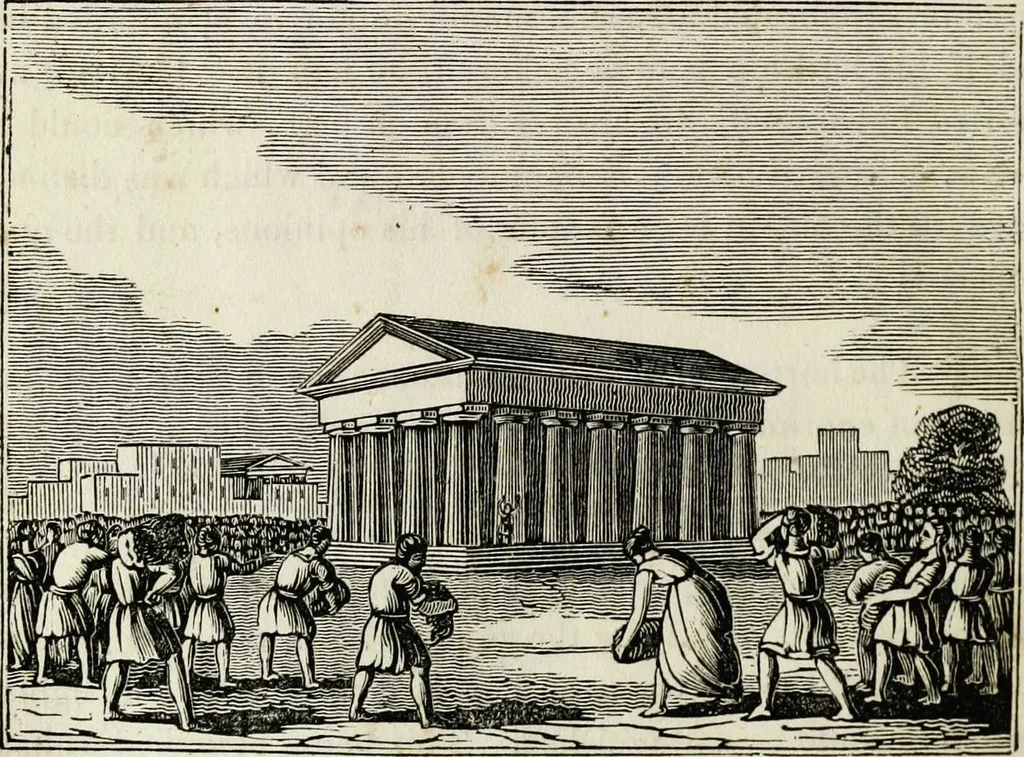 An illustration from The tongue of time, and star of the states: [electronic resource]: a system of human nature, with the phenomena of the heavens and earth. : American antiquities, remains of giants, geology, volcanoes, Egyptian and Indian magic, diet, dress, drinks, diseases, sleep, somnambulism, trances, resuscitation. : Also an account of persons with two souls, and of five persons who told colors by the touch, 1840, leaf 270
