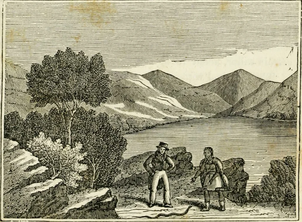 An illustration from The tongue of time, and star of the states: [electronic resource]: a system of human nature, with the phenomena of the heavens and earth. : American antiquities, remains of giants, geology, volcanoes, Egyptian and Indian magic, diet, dress, drinks, diseases, sleep, somnambulism, trances, resuscitation. : Also an account of persons with two souls, and of five persons who told colors by the touch, 1840, leaf 277
